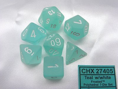 Frosted Teal/white Polydice Dobbelsteen set (7 stuks)