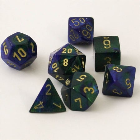 Gemini Blue-Green/gold Polydice (7 stuks)