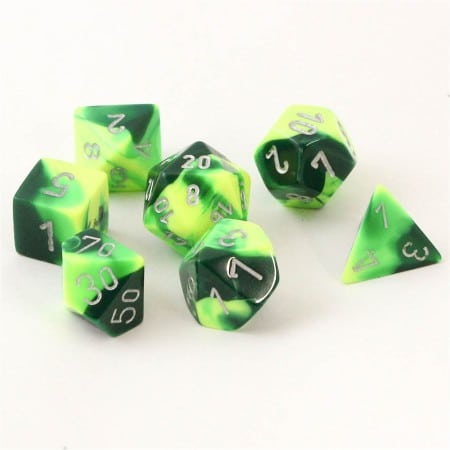 Gemini Green-Yellow/silver Polydice (7 stuks)