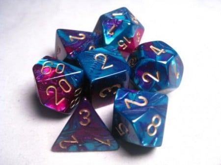 Gemini Purple-Teal/gold Polydice (7 stuks)