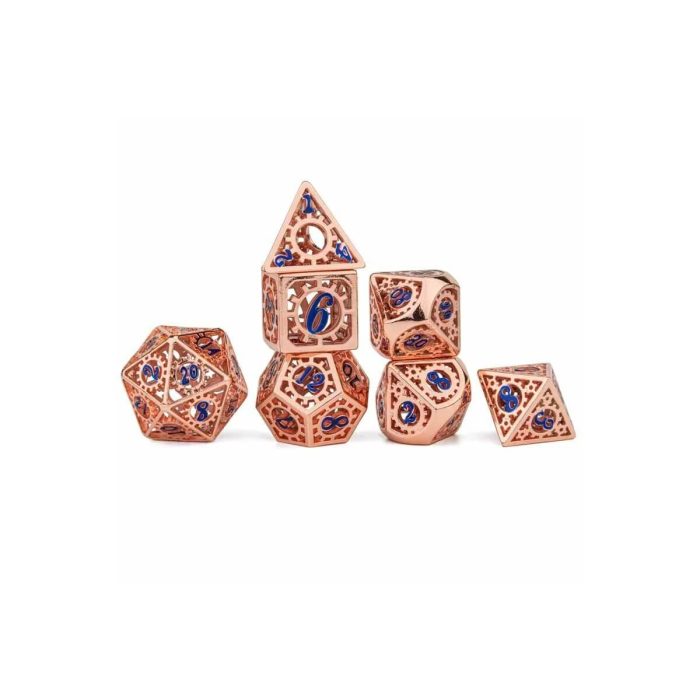 Copper & Blue Hollow Gear - Metal Dice - 7 stuks