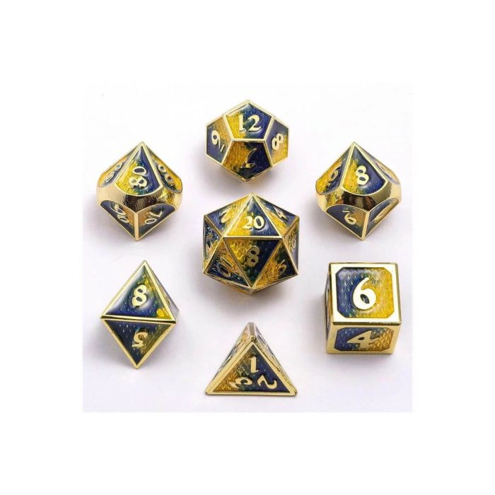 Gold w/Yellow & Blue Behemoth - Mini Metal Dice - 7 stuks