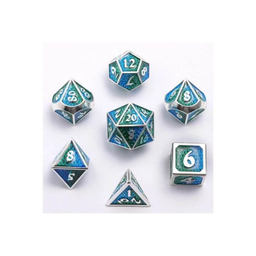 Silver w/Green & Aqua Behemoth - Mini Metal Dice - 7 stuks