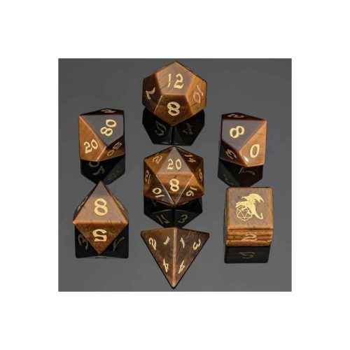 Yellow Tiger Eye - Gemstone Dice set in Fancy Dice box - 7 stuks