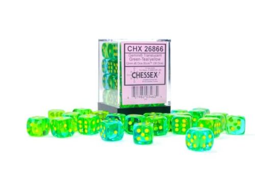 Translucent Gemini Green-Teal/Yellow D6 12mm (36 stuks)