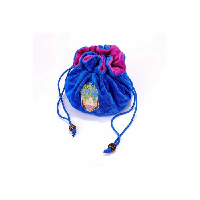 Dragon with D20 - Blue Velvet Dice Bag with Pockets