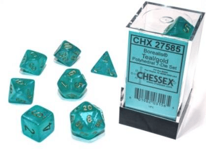 Borealis Luminary Teal/gold Polydice - 7 stuks