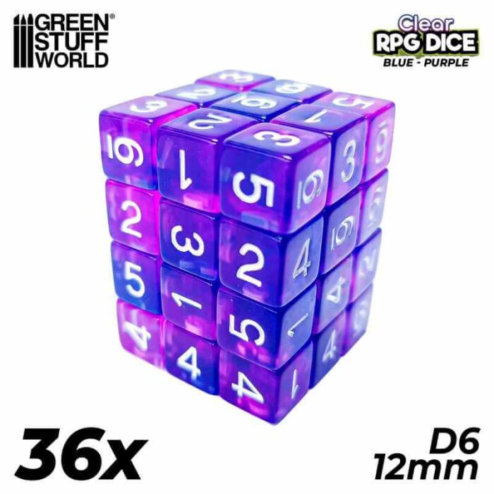 Clear Blue/Purple - 12mm D6 Dice - 36 stuks