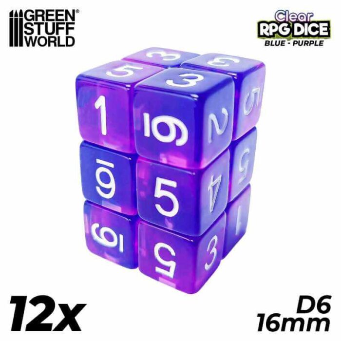 Clear Blue/Purple - 16mm D6 Dice - 12 stuks