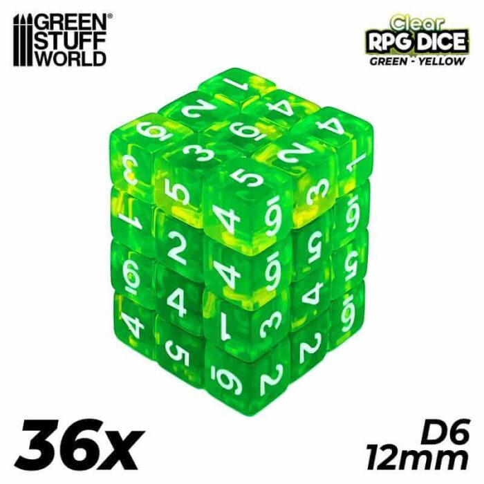 Clear Green/Yellow - 12mm D6 Dice - 36 stuks