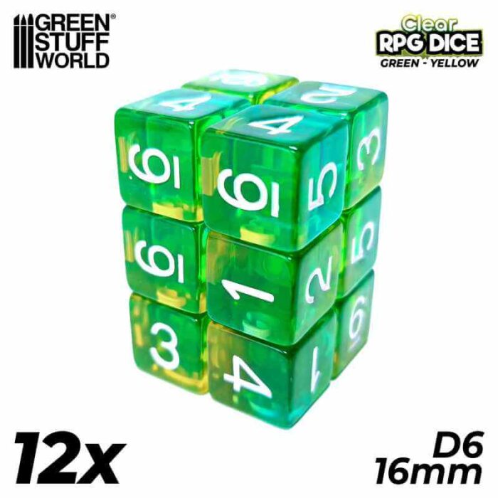 Clear Green/Yellow - 16mm D6 Dice - 12 stuks