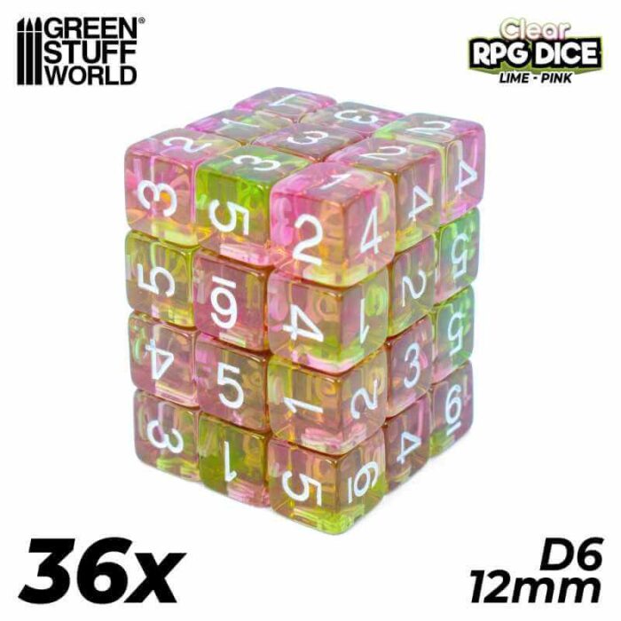 Clear Lime/Pink - 12mm D6 Dice - 36 stuks