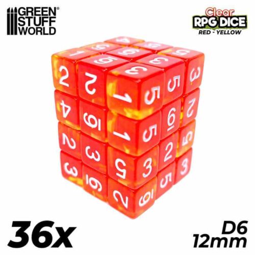 Clear Red/Yellow - 12mm D6 Dice - 36 stuks