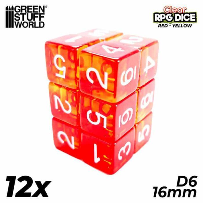 Clear Red/Yellow - 16mm D6 Dice - 12 stuks