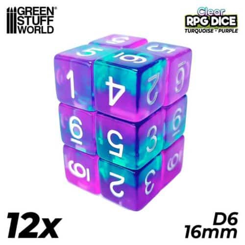 Clear Turquoise/Purple - 16mm D6 Dice - 12 stuks