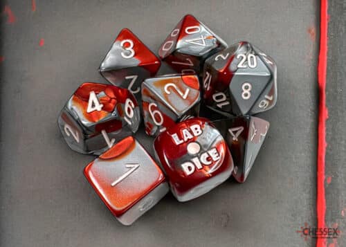 Gemini Red-Steel/White Polyhedral Lab Dice - 8 stuks