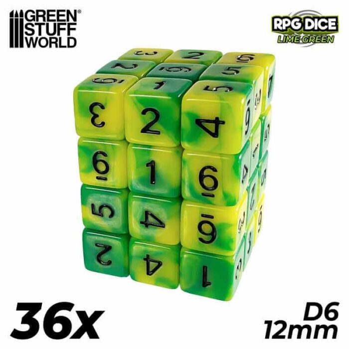 Lime Swirl - 12mm D6 Dice - 36 stuks