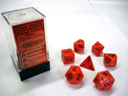 Opaque Orange/black Polydice - 7 stuks