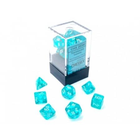 Translucent Teal/white - Mini Polyhedral Dice set - 7 stuks